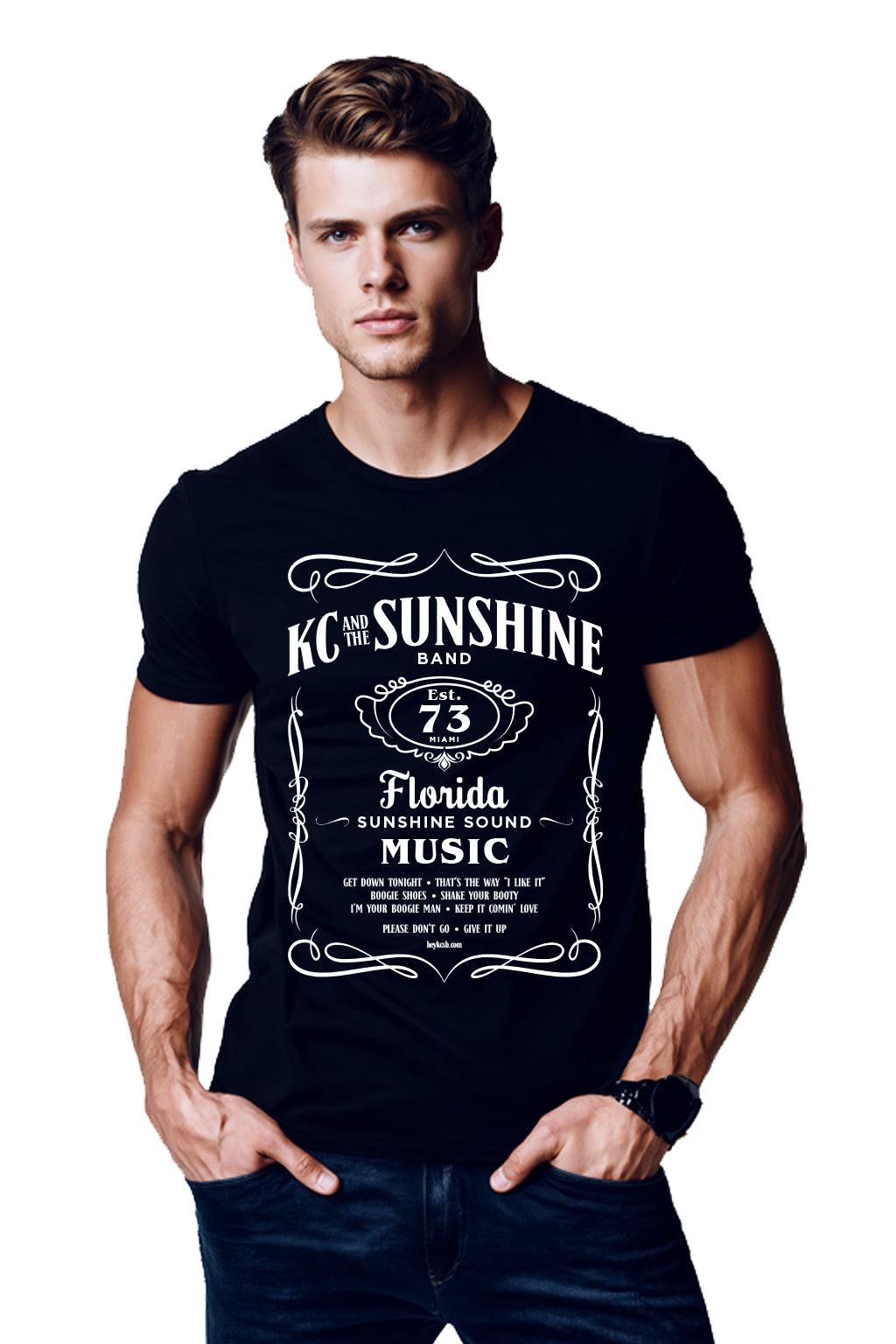 Man wearing a black t-shirt with white text and graphics on a white background