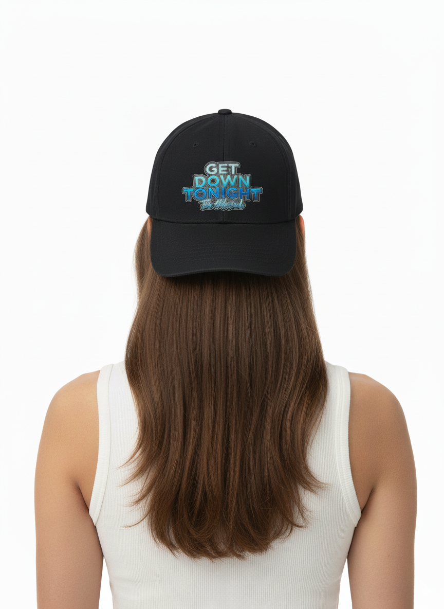 Person wearing a black cap with text on a white background