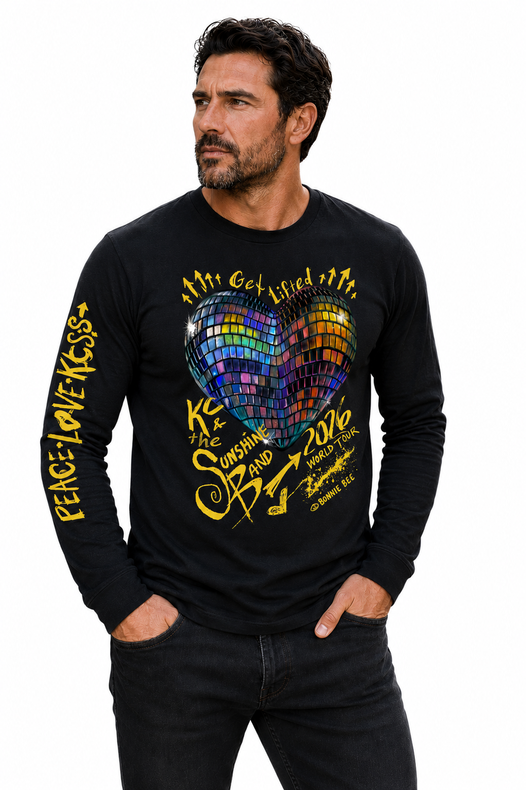 Man wearing a black long-sleeve shirt with colorful graphic design and text.