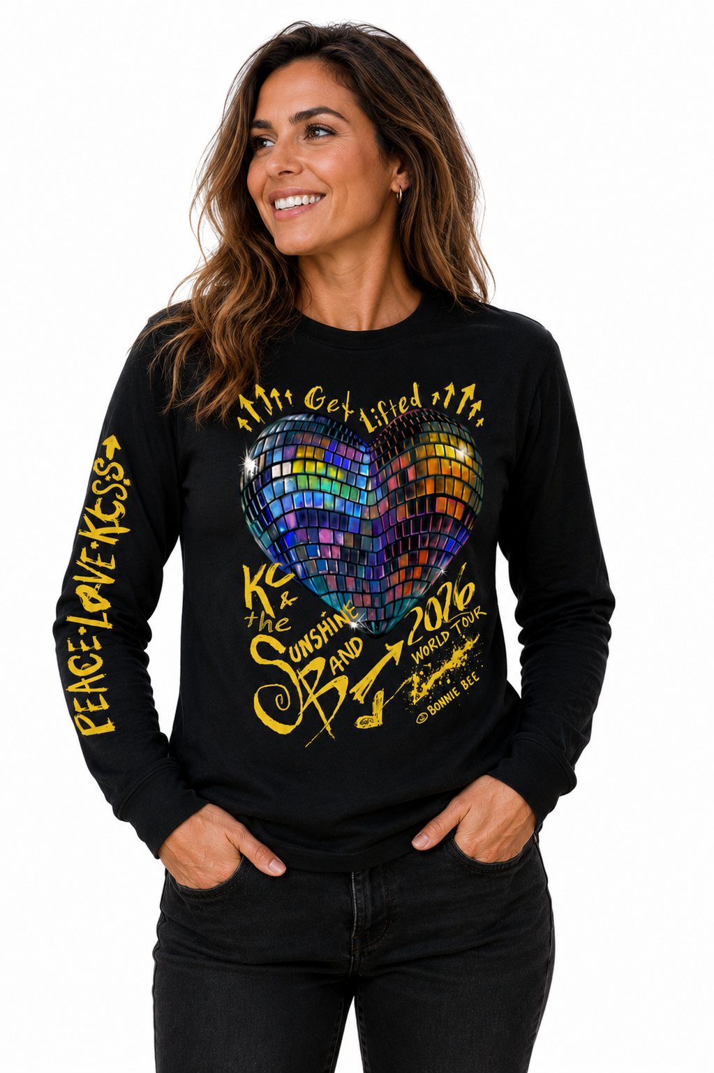 Woman wearing a black long-sleeve shirt with colorful graphic design on a black background