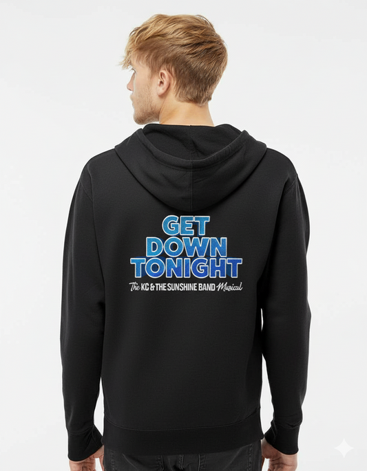 Person wearing a black hoodie with 'Get Down Tonight' text on the back against a white background