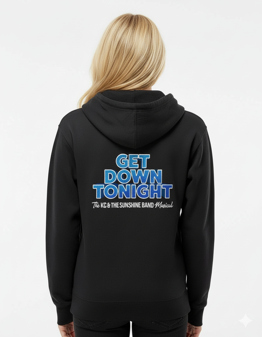 Person wearing a black hoodie with 'Get Down Tonight' text on the back against a white background
