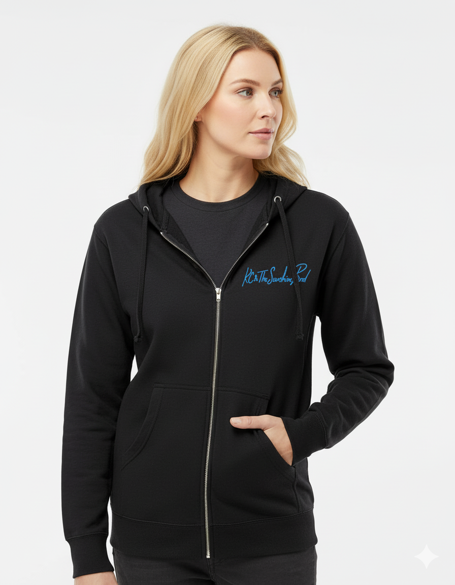 Woman wearing a black hoodie with a logo on a white background