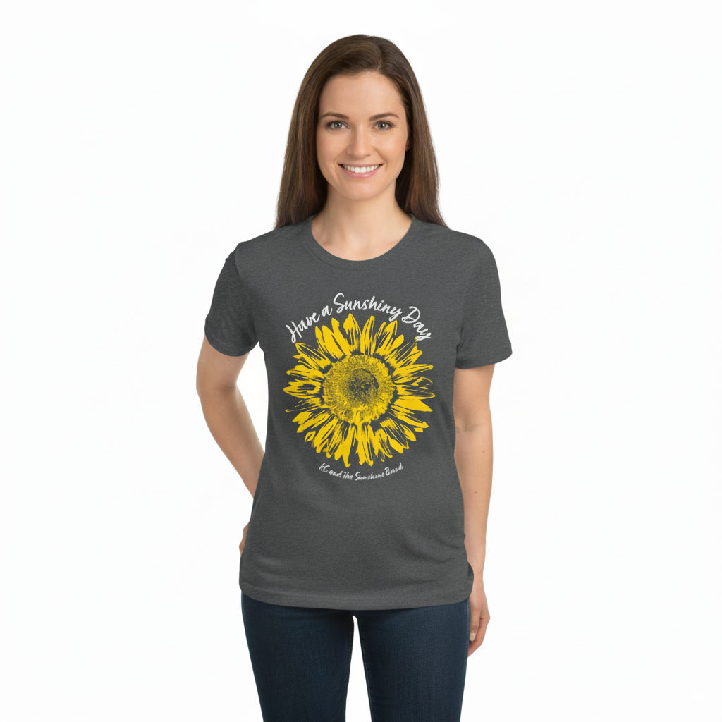 Woman wearing a gray t-shirt with a yellow sunflower design and text on a white background