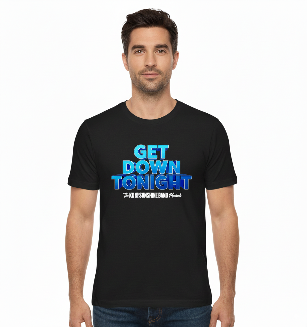 Man wearing a black t-shirt with blue text 'GET DOWNTONE' on a white background