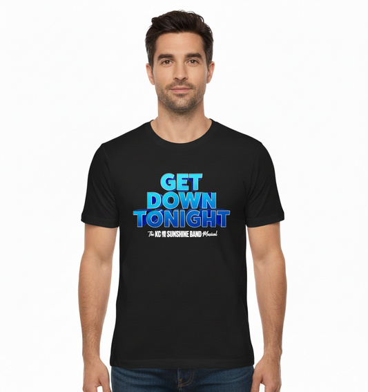 Man wearing a black t-shirt with blue text 'GET DOWNTONE' on a white background