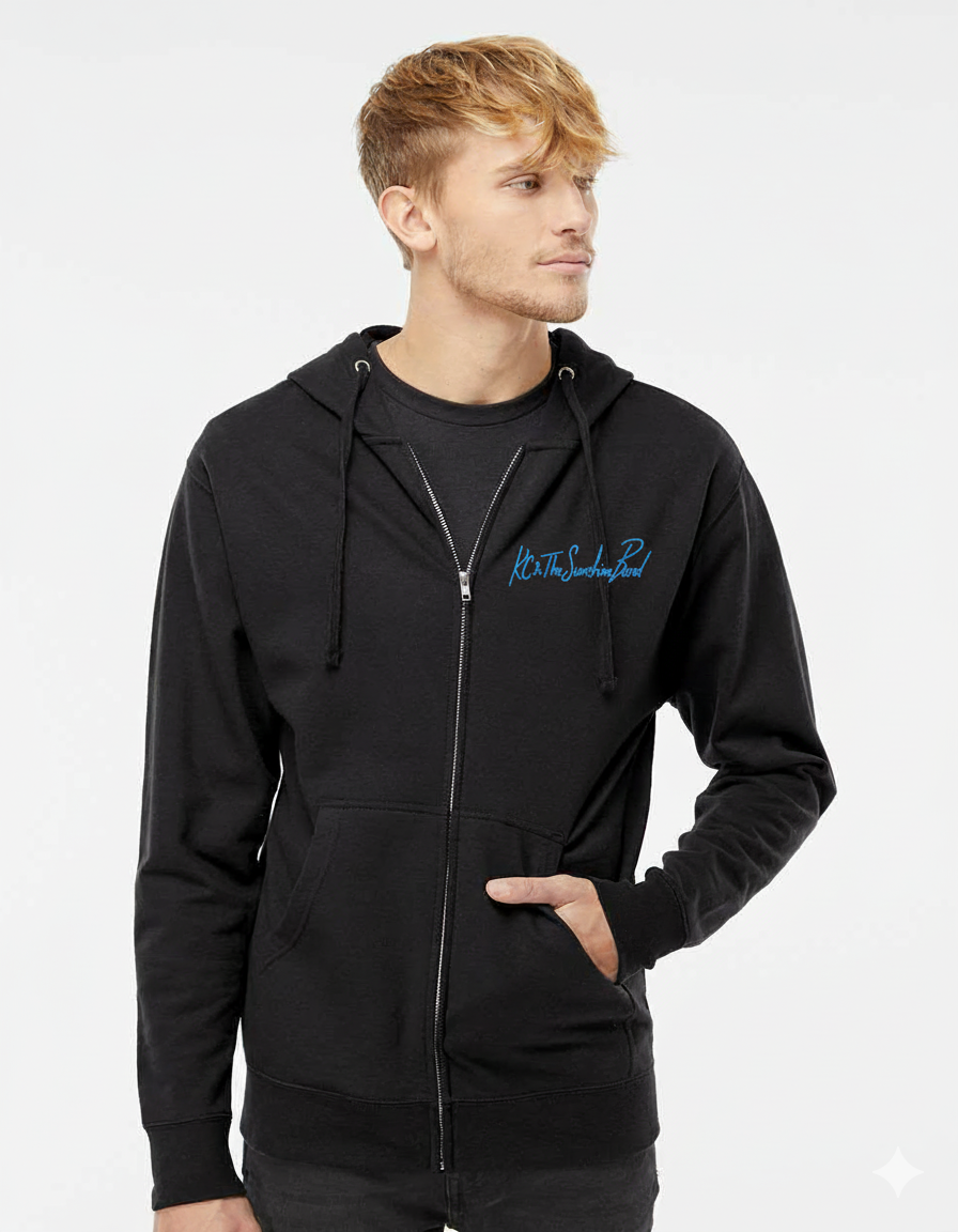 Man wearing a black hoodie with a logo on a white background