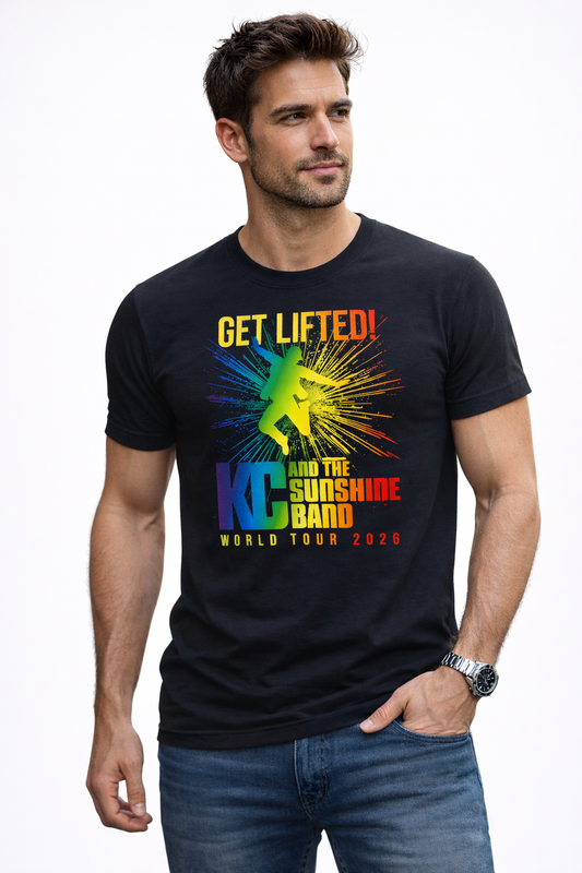 Man wearing a black t-shirt with colorful graphics and text on a black background