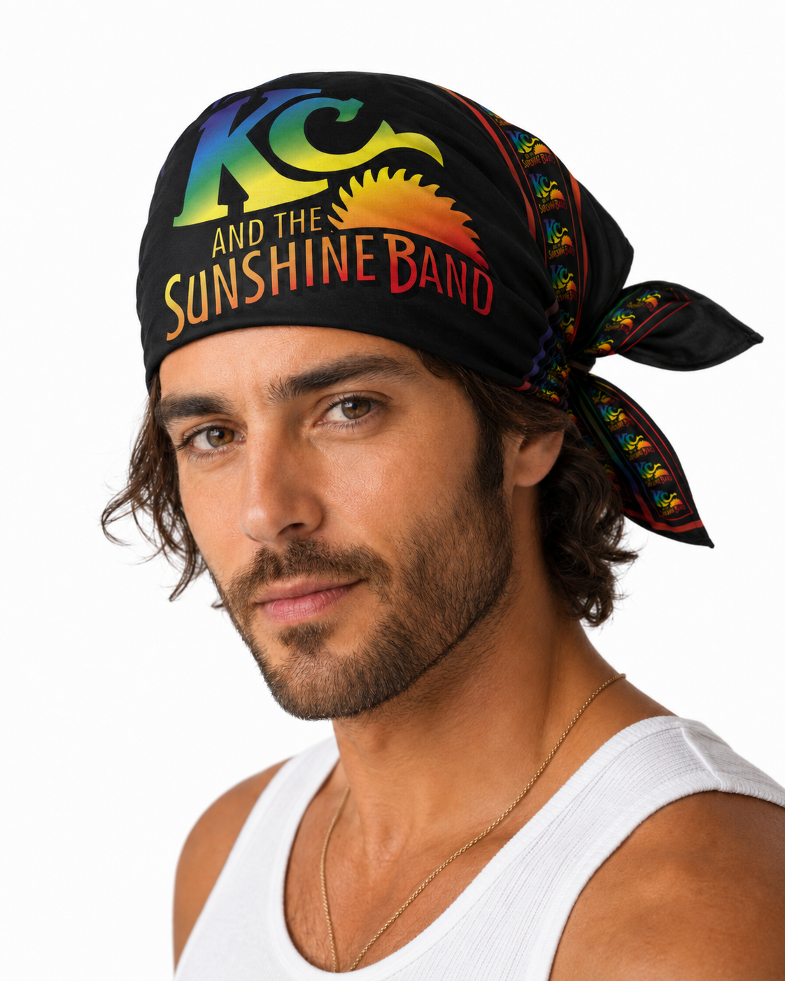 A man wearing a black bandana headwrap with a colorful rainbow 'KC and the Sunshine Band' graphic and tie, shown against a plain white background.