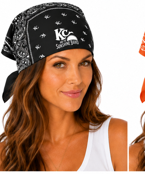 A woman wearing a black and white bandana headwrap with a white printed logo that reads 'KC and the Sunshine Band.' The photo is cropped to the upper body against a plain white background.