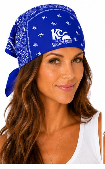 A woman wearing a royal blue bandana with white printed logos and the text 'KC and the Sunshine Band.
