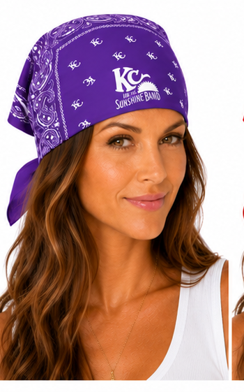 A woman wearing a purple KC and the Sunshine Band bandana headwrap with white printed logos and paisley patterns, shown against a plain white background.