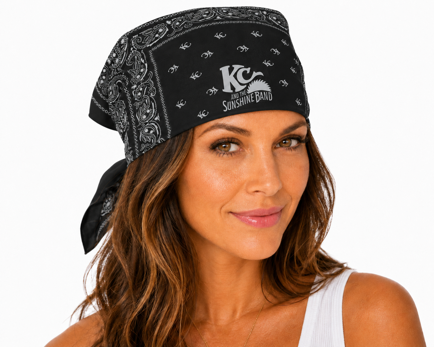 A woman wearing a black bandana with a white paisley pattern and a white 'KC and the Sunshine Band' logo on the front, shown against a plain white background.