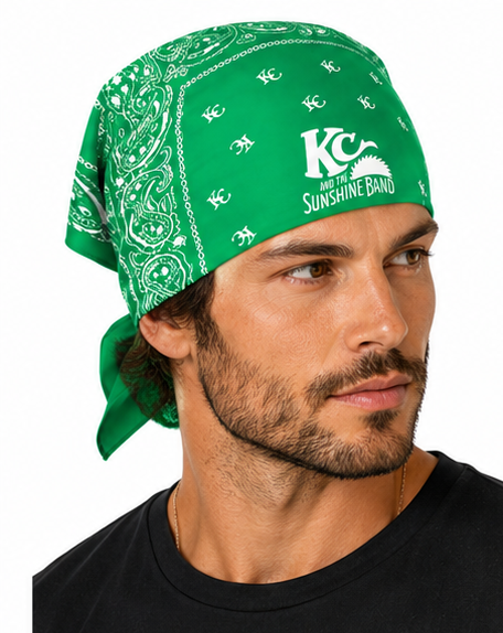 A man wearing a bright green bandana with white paisley patterns and a white printed logo that reads 'KC with the Sunshine Band'.