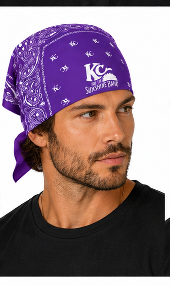A man wearing a purple bandana with white paisley patterns and the white printed logo of the KC and the Sunshine Band.