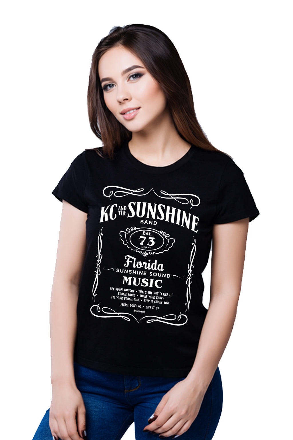 Woman wearing a black t-shirt with white text and graphics on a white background
