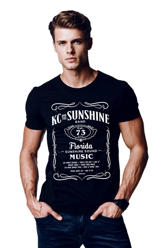 Man wearing a black t-shirt with white text and graphics on a white background