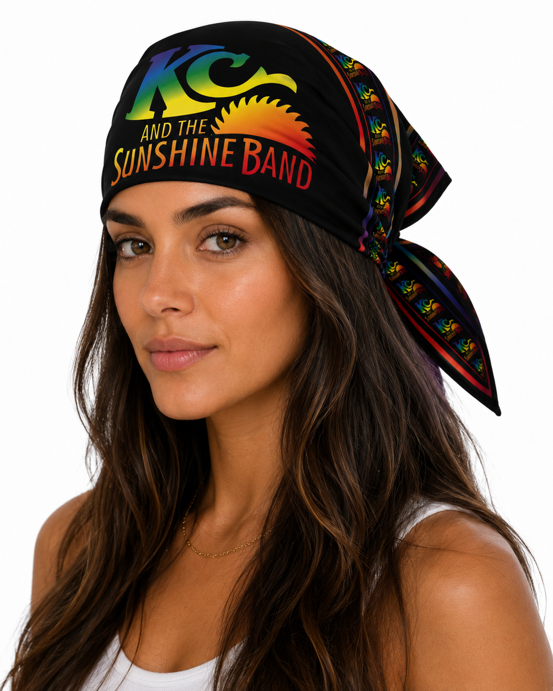 A woman wearing a black bandana headwrap with a colorful 'KC and the Sunshine Band' logo and multicolor floral border print, shown against a plain white background.