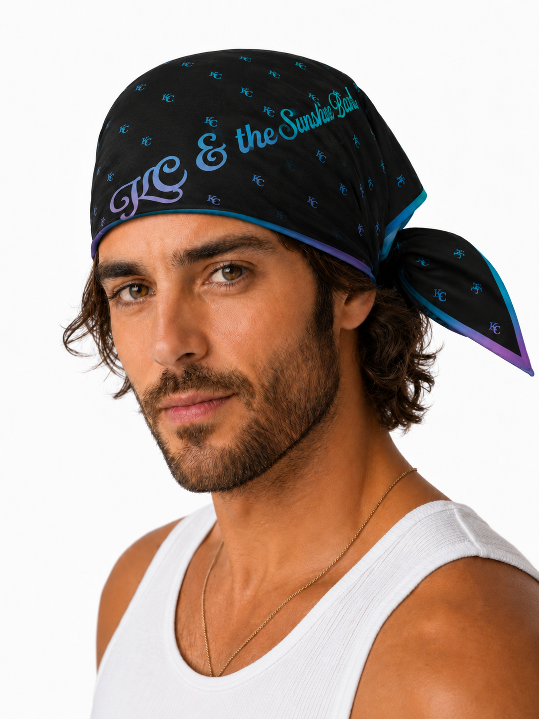 A man wearing a black bandana with blue KC logo patterns and the text 'KC & the Sunshine Band' in light blue and purple, paired with a white tank top against a plain white background.