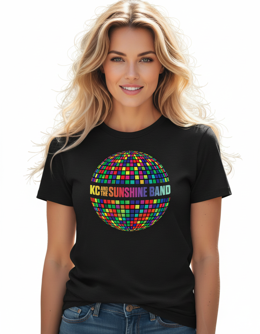 Woman wearing a black t-shirt with a colorful disco ball design and 'KC & the Sunshine Band' text.