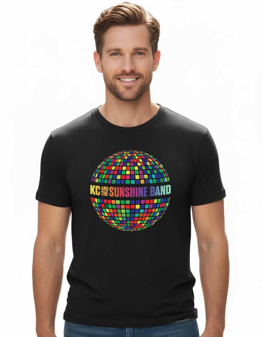 Man wearing a black t-shirt with a colorful globe design and 'KC & the Sunshine Band' text.