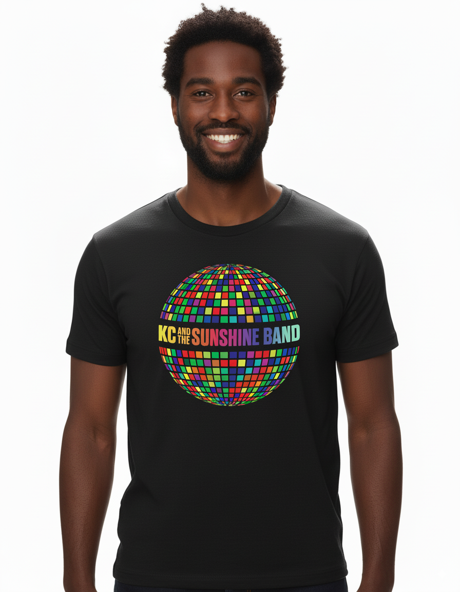 Man wearing a black t-shirt with a colorful graphic and text on a white background