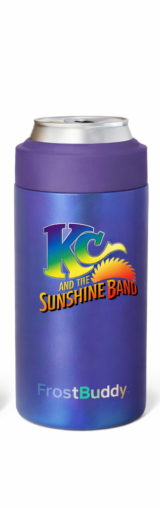 Blue can cooler with 'Kc and the Sunshine Band' logo and FrostBuddy branding on a white background
