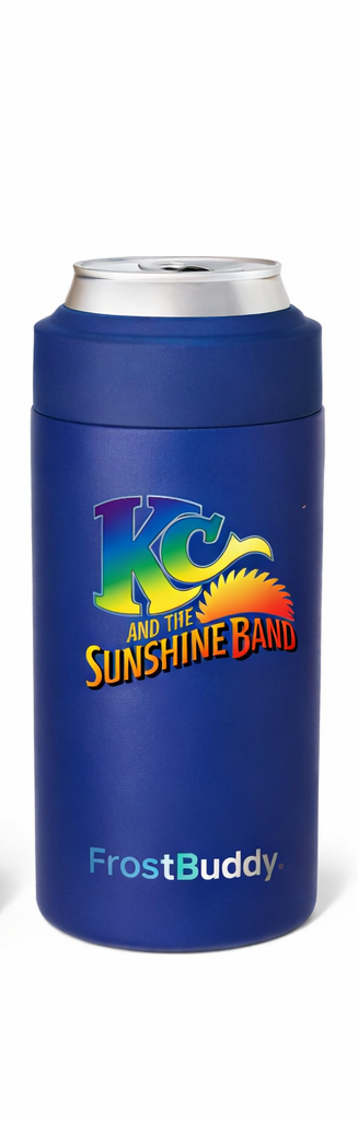 Blue can cooler with KC and the Sunshine Band logo and FrostBuddy branding on a white background