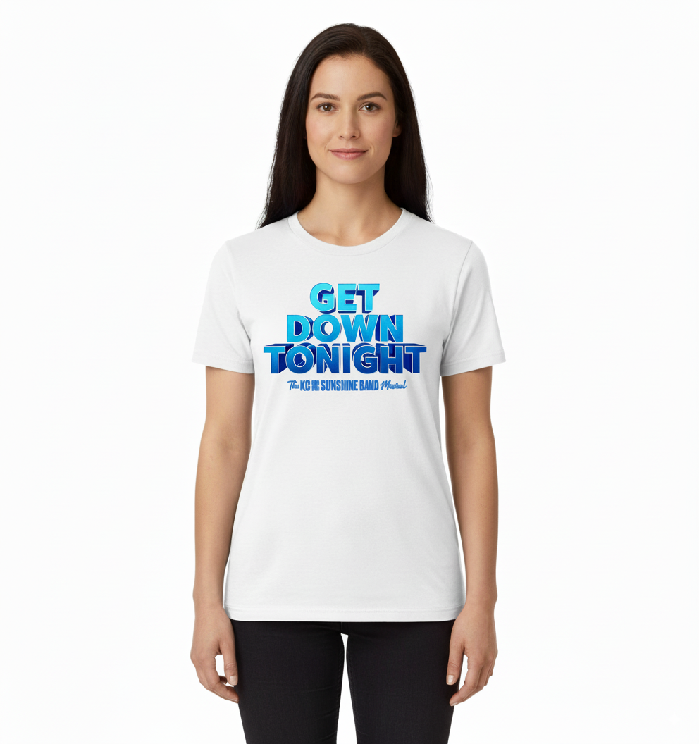 Woman wearing a white t-shirt with blue text on a white background