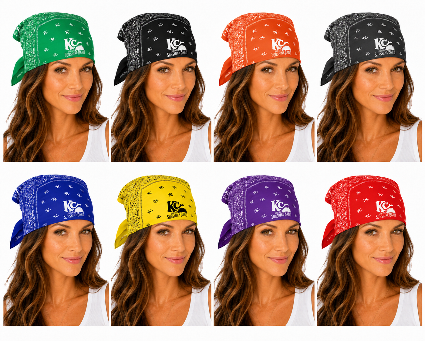 Eight women shown in a grid wearing bandana-style hats in different colors: green, black, orange, charcoal gray, blue, yellow, purple, and red. Each hat has a white printed logo reading 'KC and the Sunshine Band'.